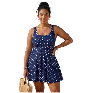 NWT HusKary Navy Polka Dot Swim Dress One-Piece Swimsuit Skirted 18W